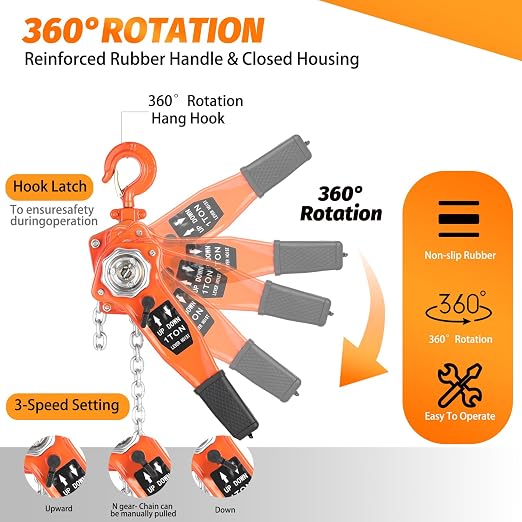 Lever Chain Hoist 1 Ton 2205LBS Capacity,10FT Lift,Manual Ratchet Chain Puller Hoist with 2 Hooks for Building Garages Warehouse Automotive Machinery