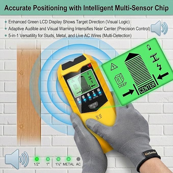 Stud Finder Wall Scanner - 5 in 1 Electronic Stud Sensor with Intelligent Micro-Sensor Chip, Wood Metal AC Wire Detector for Drywall & Plaster, Center Finding for TV Mount & Shelving