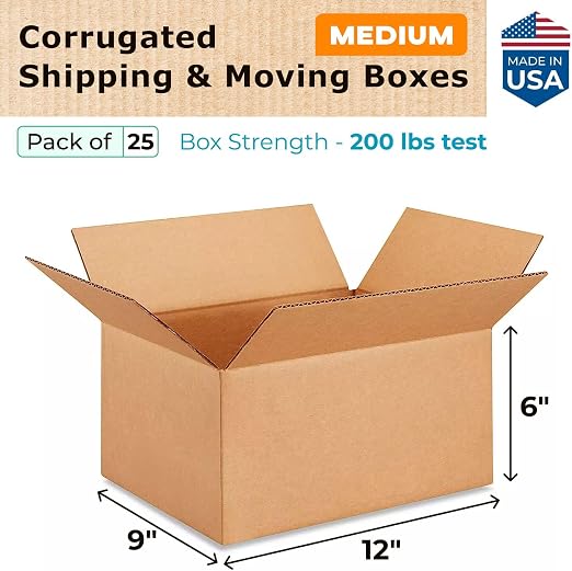 Medium Moving & Shipping Boxes 12"L x 9"W x 6"H (25-Pack) - Extra Strength 200 lb vs Regular - USA-Made Corrugated Packing Boxes for Moving Medium Volume by IDL Packaging - -