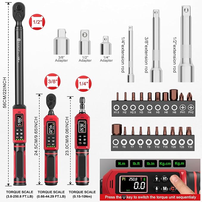 SUERCUP 1/4"&3/8"&1/2" Digital Torque Wrench Set, ±1% accuracy | 0.15-10Nm&0.66-44.29Ft.Lb/0.9-60N.m&3.8-250.8Ft.Lb/5.1-340Nm, 9 presets, 5 units, for Truck, Auto, Moto, Bike, Electronics