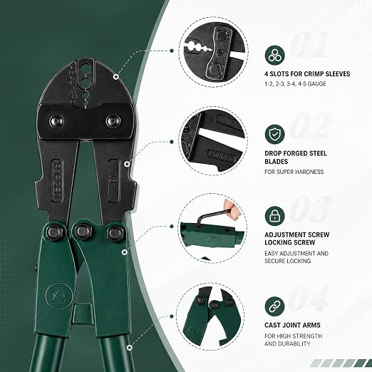 Heavy Duty 4 Slot Crimping Swaging Tool for 3/16" 1/8" 3/32" 1/16" Wire Rope, Hand Swager Crimper for Copper Aluminum Oval Sleeves and Stop Sleeves,Wire Rope, Splicing Wires, Crimp Wrench