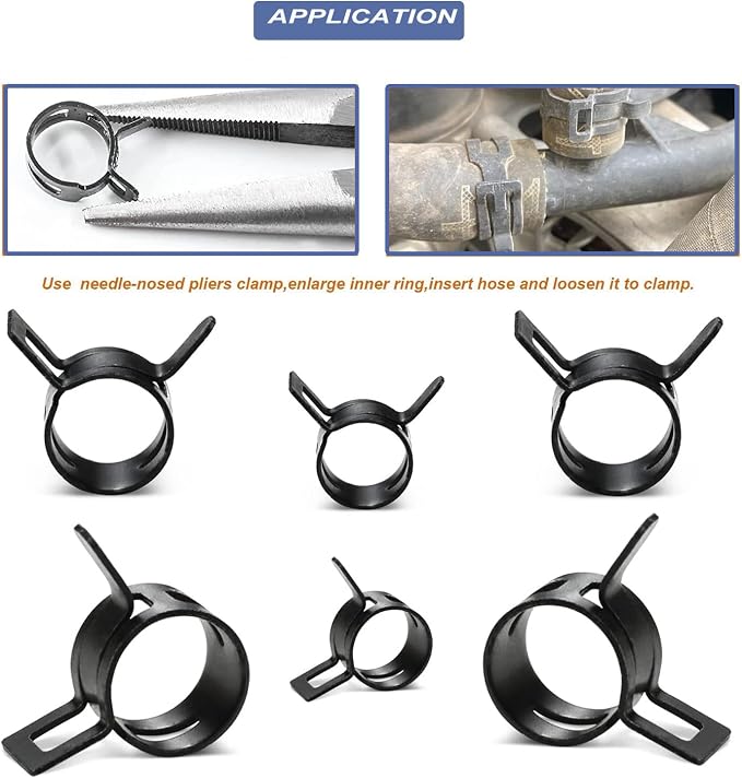 AKIHISA 60 Pcs 28-33mm Spring Hose Clamp, Spring steel 65Mn Fuel Hose Clamp, 6 sizes for Silicone Vacuum Fuel Oil Hose Line Clamps