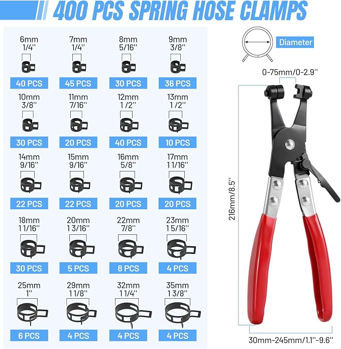 Housolution 400PCS 6-35mm Spring Hose Clamps, 20 Sizes Spring Pipe Clamps with Hose Clamp Pliers, Pipe Clamp for Automotive, Fuel Lines, Silicone,Vacuum Hoses and Mechanical Applications