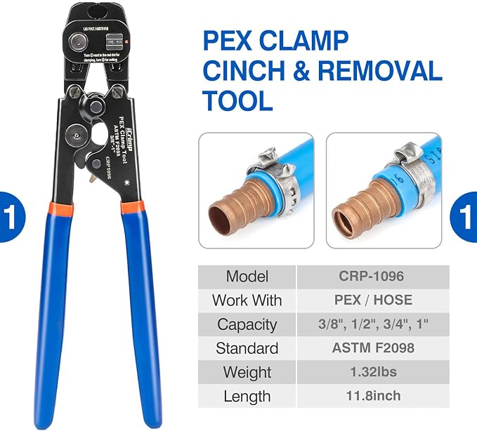 iCrimp PEX Crimping Tool Kit for 3/8-in, 1/2-in, 3/4-in, 1-in PEX Clamp Cinch & Removal, c/w 1/2''(20 Pack) and 3/4''(10 Pack) PEX Clamp Rings, PEX Tubing Cutter