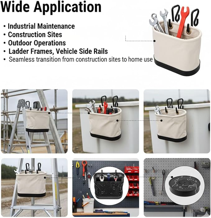 Canvas Bucket Bag with Hooks 15 Pockets Lineman Tool Bag Organizer with Non-Conductive Polypropylene Bottom for Industrial Maintenance Construction Sites