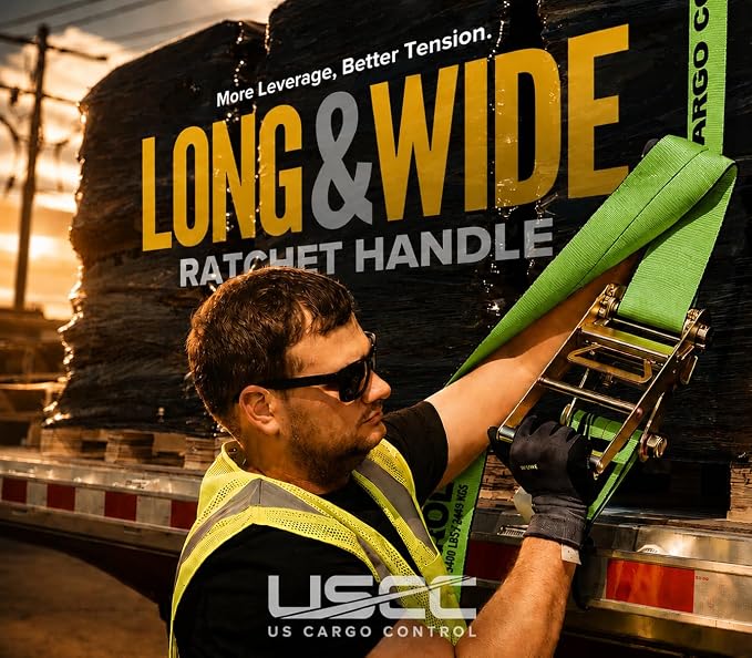 US Cargo Control Flat Hook Ratchet Strap 4” x 30’, 5,400 LBS Working Load Limit, Green 4 Inch Ratchet Strap with Black Flat Hook, Professional 4 Inch Strap for Flatbed Trailers