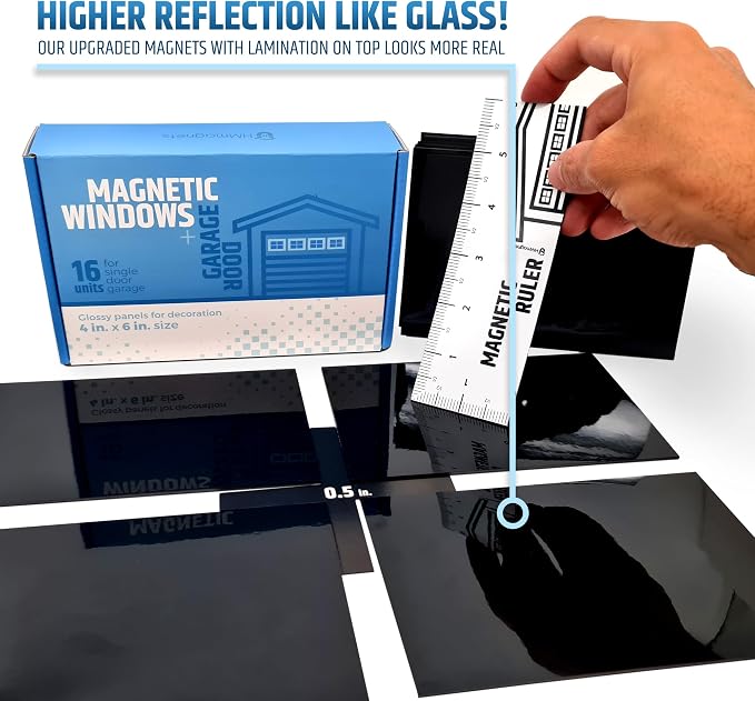 Strong & Glossy Magnetic Garage Door Windows - Fits 1 Car Garage - Looks Like Real Window Panels/Faux Panes - Decorative Hardware Kit - Easy to Align & Will Never Fall (Upgraded Magnets) | 16pcs 4"X6