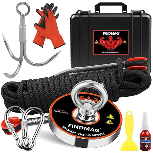 FINDMAG Magnet Fishing Kit with Case Fishing Magnets 1000 LBS Pulling Force Super Strong Neodymium Round Magnet for Heavy Duty Use - 3.54inch Diameter