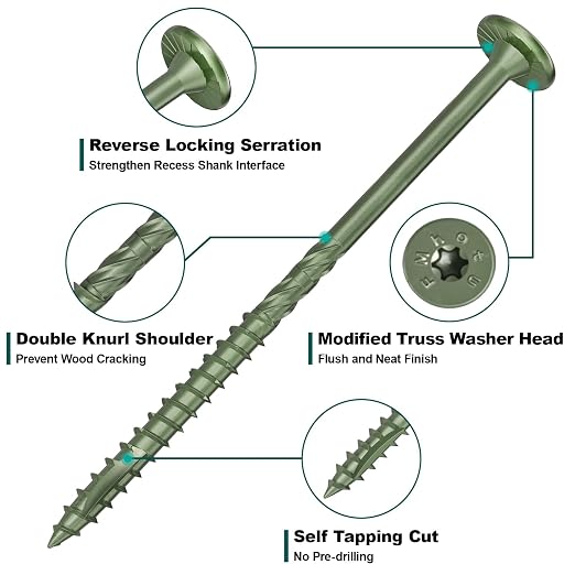 FMhotu #14 Heavy-Duty Wood Screws, Star Drive Deck Screws, Rust Resistant Timber Screws for Timber/Log/Landscaping Wood (4-1/2 Inch,100Pcs,Green)