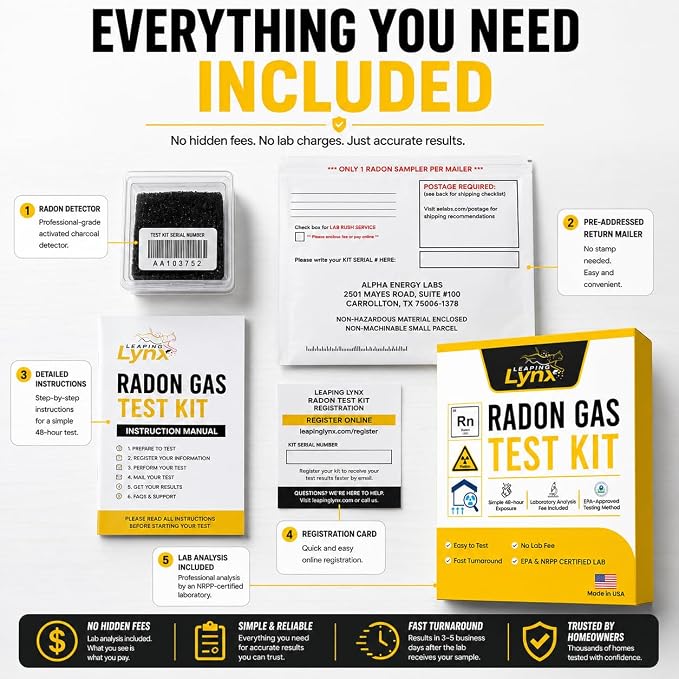 EPA-Approved Radon Test Kit for Home, Lab Analysis Included | Detects Radon Gas Levels in Basements & Living Spaces | Easy-to-Use Air Quality Test with Lab Report & Discounted Shipping| Radon Detector