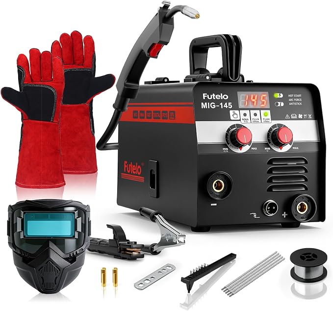 145A MIG Welder, 3 in 1 Flux Core Lift TIG Stick Welding Machine 110V IGBT Inverter Wire Feed Welder with Synergy Control, Welding Helmet and Gloves