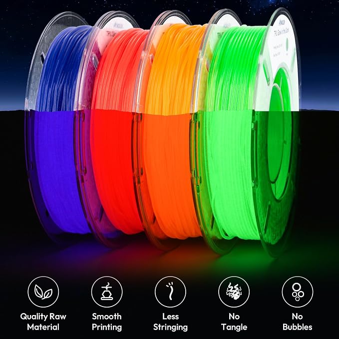 AMOLEN 95A TPU Glow in the Dark Filament Bundle, Red, Orange, Blue Purple, Green 1.75mm Soft Flexible TPU 3D Printer Filament, Best with UV Lamp, 200g x 4 Pack, Luminous Filament for Halloween