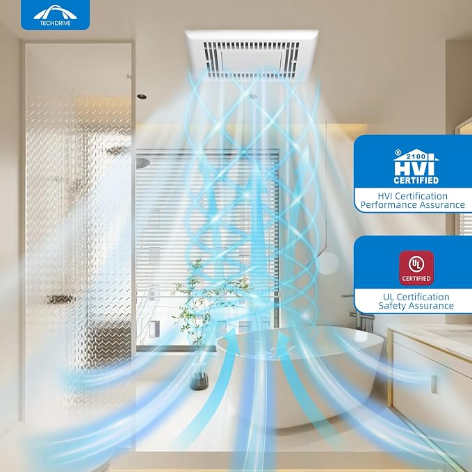 Tech Drive Bathroom Fan with light,Very-Quiet 70 CFM, 2.0 Sone,3 Inch Duct | 600LM 4000K LED light, Ceiling Mounted Ventilation Fan,Easy to Install for Bathrooms Up to 75 Sq. Ft