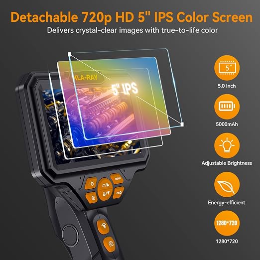 US18-UD80 Articulating Borescope with Dual Lens, 5” IPS Screen, 8 LED Lights, 3-Level Brightness, IP67 Waterproof Oil-Resistant Inspection Camera with 8GB for Pipe & Machinery
