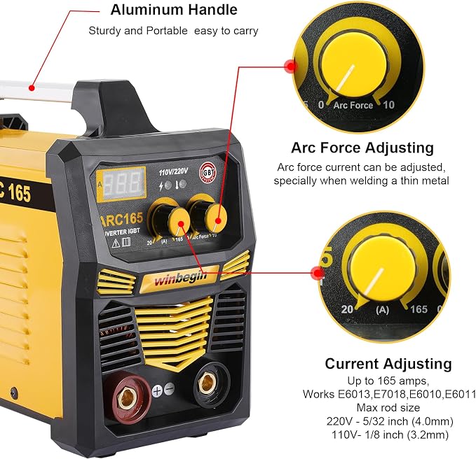 110V/220V arc welding machine,digital display,165A max rod 5/32" heavy duty stick welder,easy welding,design for beginners with Electrode Holder,Work Clamp, Power Adapter and Brush