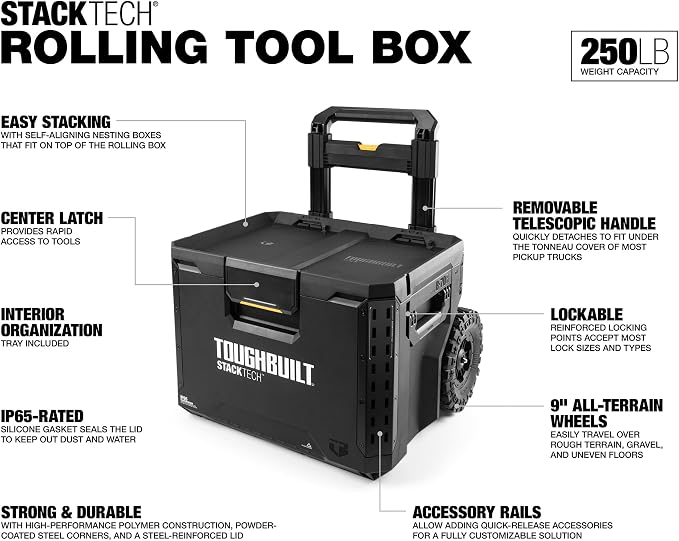 ToughBuilt Portable 2-in-1 Rolling Tool Box, Wheels & Stackable Design, Black