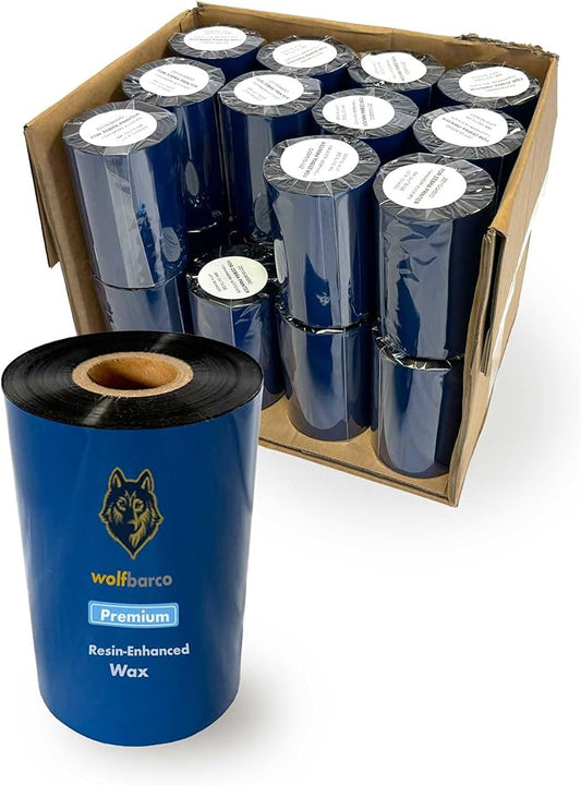Wolfbarco 24 Rolls 4.33" x 984' (110mm x 300m) Premium Resin-Enhanced Wax Ribbon, Black Barcode Thermal Transfer Ribbon 1" Core Ink Outside CSO for Zebra, Printronix, TSC, Godex, Citizen Printers