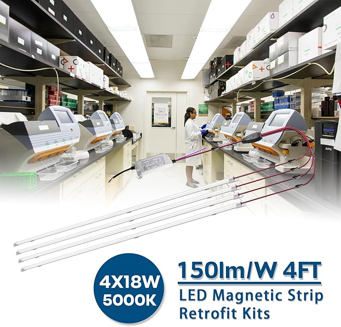 Magnetic Mount 4FT LED Retrofit Kit,72W 2X4FT(1 Driver & 4 LED Strips),150LM/W,5000K Daylight,0-10V Dimmable,T8 T10 T12 Fluorescent Replacement kit for Troffer,Quick Easy Install