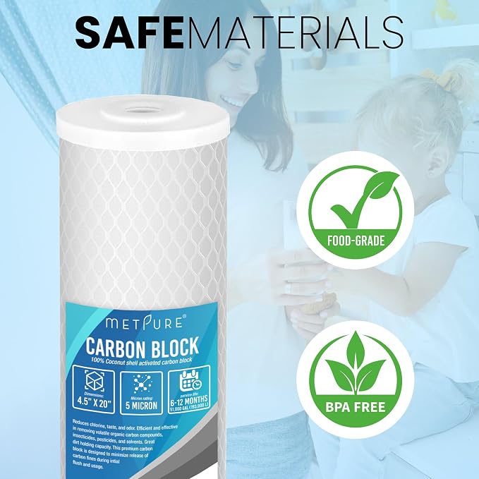 Metpure Universal 5 Micron 20” x 4.5” Whole House Carbon Water Filter Cartridge Replacement - Coconut Shell Carbon Block CTO. Compatible with Pentek, iSpring, and more. 1-Pack