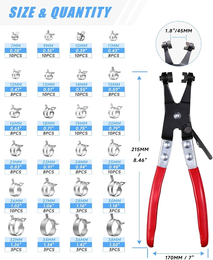 180Pcs 5/16" to 1-1/2"(7-38mm) 24 Size Spring Band Hose Clamps Assortment Kit with Swivel Flat Hose Clamp Plier, SEKSUALA Constant Tension Steel Clamps for Fuel Lines, Silicone,Vacuum Hoses (Grey?