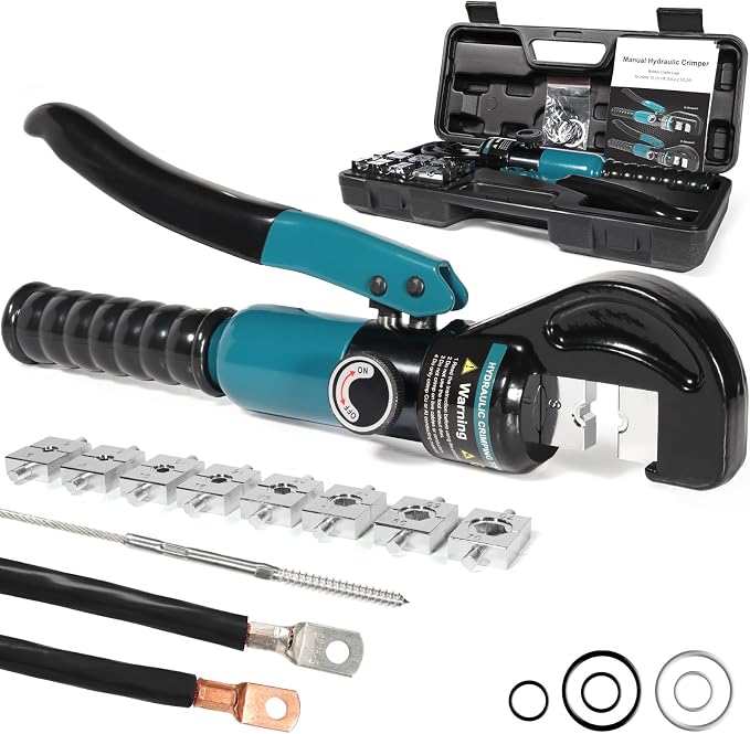 Brileine Hydraulic Crimping Tool, Hydraulic Crimper 10 Tons for 12-2/0 AWG Cable, Battery Lugs, Wire Lugs, Battery Cable Crimper Tool with 9 Pairs of Dies, 1/8” Wire Rope Crimping Tool