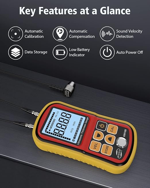 GM100 Digital Ultrasonic Thickness Gauge Meter, Range 0.047 to 8.85in, for Measuring Metal and Nonmetal Aluminum, Zinc, Silver, Gold, Tin, Iron, Steel, Copper, PVC, Glass, Zirconium, Nylon