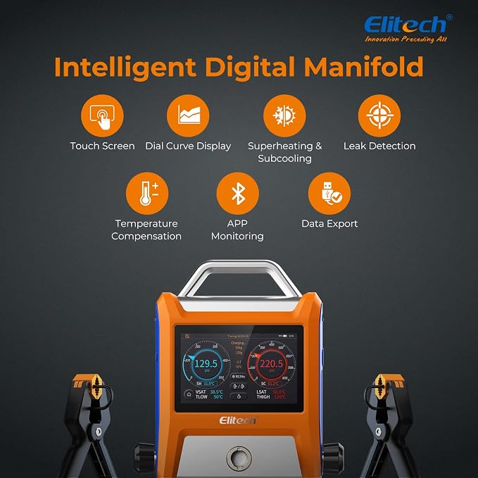 Elitech EMG-20V Intelligent HVAC Digital Manifold Gauge Three Port with Vaccum Sensor Thermometer Clamps Hoses