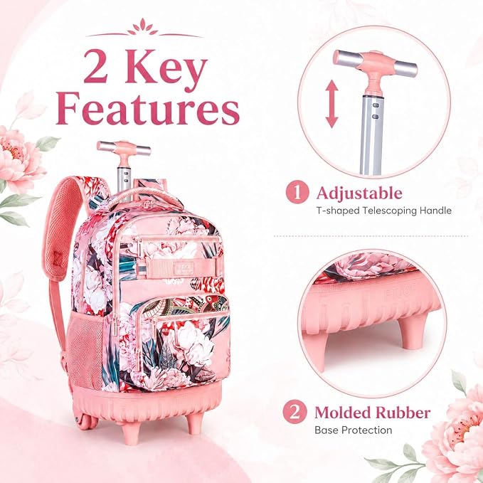 3Pcs Rolling Backpack for Girls Women, Travel Roller Backpacks with Wheels for Adults, Teens College Folwer Wheeled Bookbag with Lunch Box(Pink)