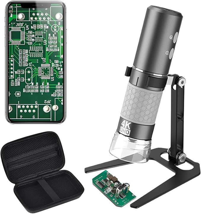 Jiusion WiFi USB Digital Handheld Microscope with Case, 50 to 1000x Wireless Magnification Endoscope 4K 3840x2160P Camera 8 LEDs with Metal Stand for iPhone iPad Android Mac Windows Linux Chrome