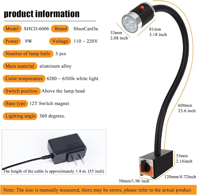 12T Magnetic Work Light, Led Machine Light, 23inFlexible Gooseneck lamp with Strong Magnetic Basefor Lathe Milling Drill Press Industrial Lighting 120V