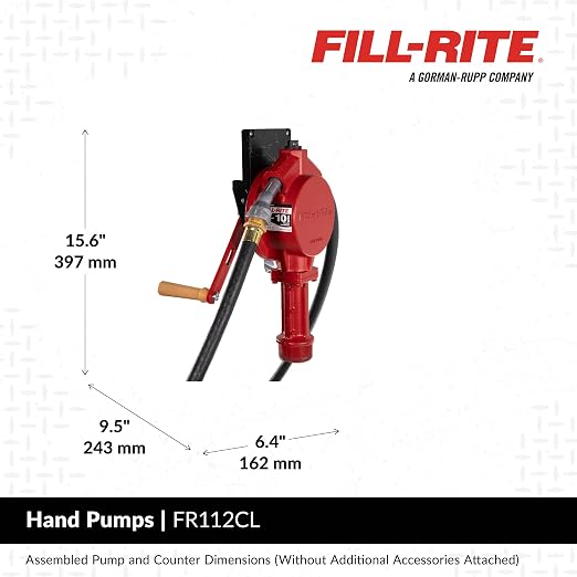 Fill-Rite FR112CL Fuel Transfer Rotary Hand Pump w/Liter Counter, Discharge Hose, Nozzle Spout, & Suction Pipe
