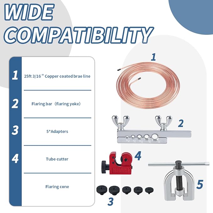 25 ft 3/16" Copper Coated Brake Line Kit 16 Brake Line Fittings and 4 Unions Brake Line Fittings Double & Single Flaring Tool Kit Brake line Bender