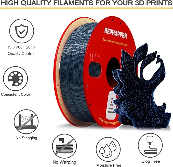 RepRapper Glitter Glow in The Dark Blue 3D Printer Filament, Shiny Galaxy 1KG PLA Filament (2.2lbs) 1.75mm, Sparkle Laser Series 3D Printing Filament for 3D Printer