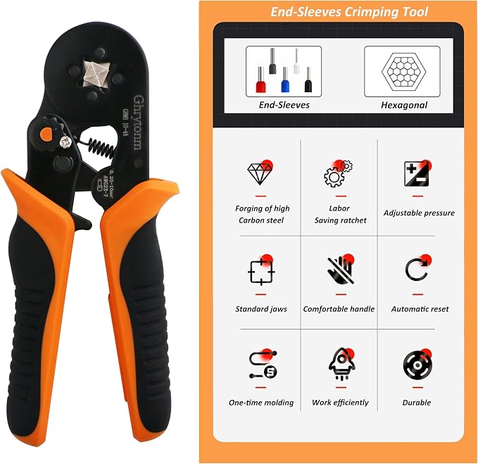 Ferrule Crimping Tool Kit, AWG 10-4 Self-adjustable Ratchet Wire Ferrule Crimper Plie, Black/Orange (With 1800pcs Wire Connectors)