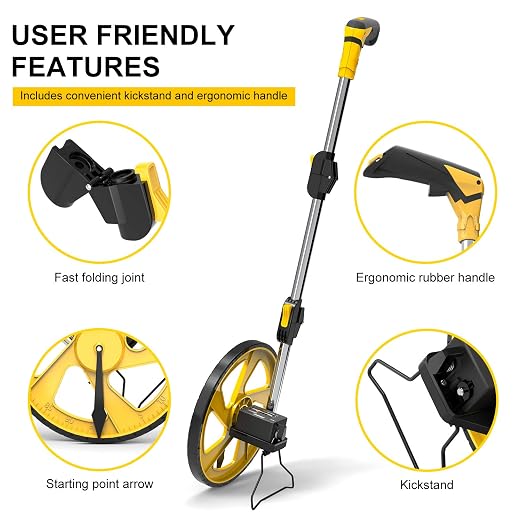 Zozen Measuring Wheel in Meters, Foldable Meters Measure Wheel | Metric Units [Up to 9,999m], Rolling Measurement with Backbag, One Key to Reset/Kickstand to Keep Stand/Starting Point Arrow.