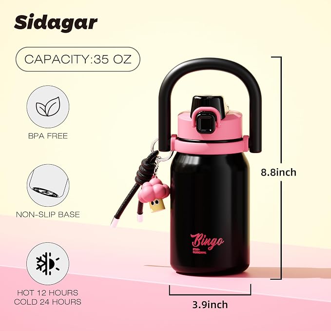 32 oz Insulated Water Bottle for Women with Straw & Handle, 316L Medical Grade Stainless Steel Tumbler, Leakproof Flask for Streetwear, Cafe Time & Trendy Aesthetic Gift, Cute Punk Black