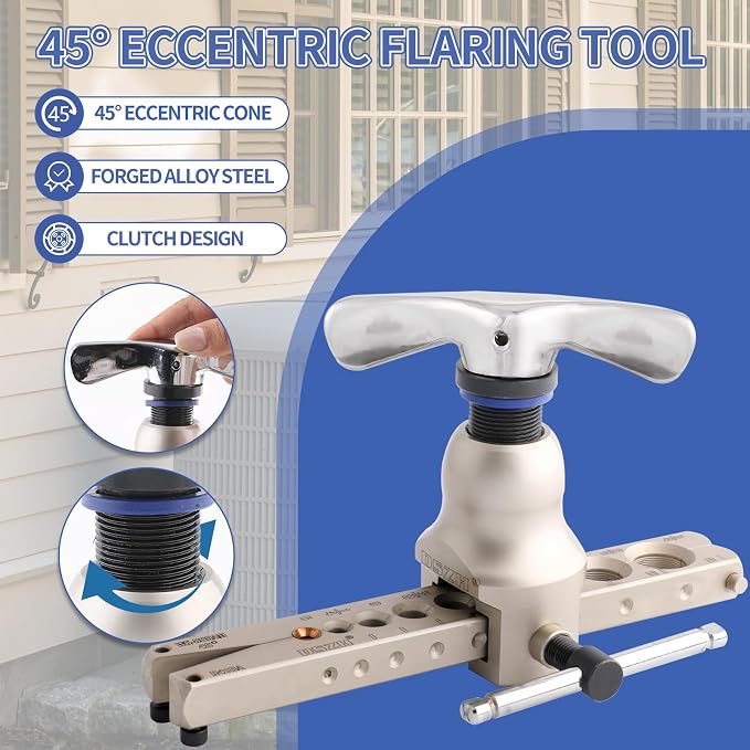 Flaring Tool for 1/4" - 3/4" HVAC Copper Flare Tool with Metric and Imperial Integrated Clamps 45° Eccentric Tube Flaring Tool Set for Copper Aluminum Pipe with Deburring and Cutter Tool