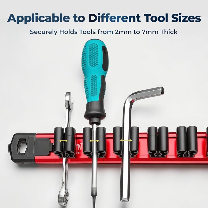 Reniteco Magnetic Screwdriver Organizer and Magnetic Wrench Organizer, Aluminum Rail Tool Holder, 12 Removable Clips, Fits Screwdrivers, Wrenches & Hand Tools, Dual Mount, Tools Not Included