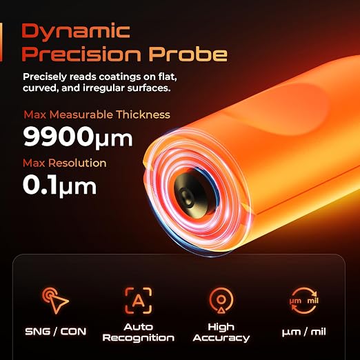 Professional Paint Thickness Gauge with APP & External Probe, 0-9900 μm (0-390 mils) Coating Thickness Meter, Auto Fe/Al/Zn/Fe(C) Detection, 0.1μm Resolution, ±(2%+1μm) Accuracy for Paint Inspection