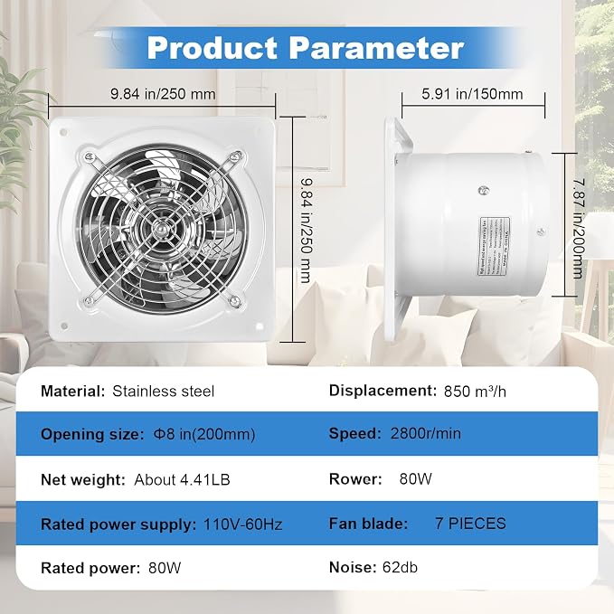 8-inch wall-mounted kitchen metal exhaust fan with switch, 382-576CFM, portable installation, with return air valve, suitable for attic, garage, bathroom, office, basement ventilation, White