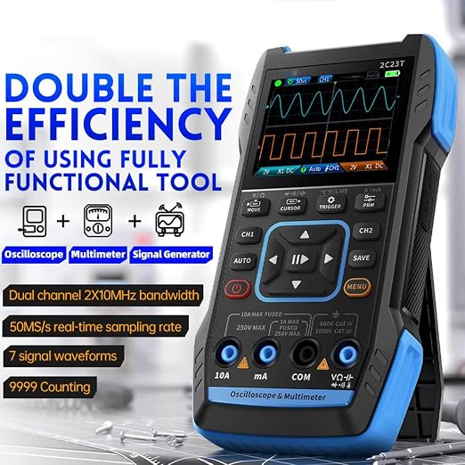 Handheld Digital Oscilloscope, 3 in 1 Oscilloscope, Multimeter and Generator, Channel 10MHZ Bandwidth, 2.8" LCD Screen, Voltage/Current Test