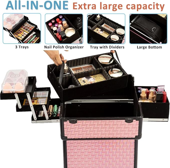 AROUS Rolling Makeup Train Case Cosmetic Travel Trolley with 4 Sliding Rail Trays, Removable Middle Layer, Key, Swivel Wheels, Aluminum Frame, Colorful, Salon Barber Traveling Cart Trunk