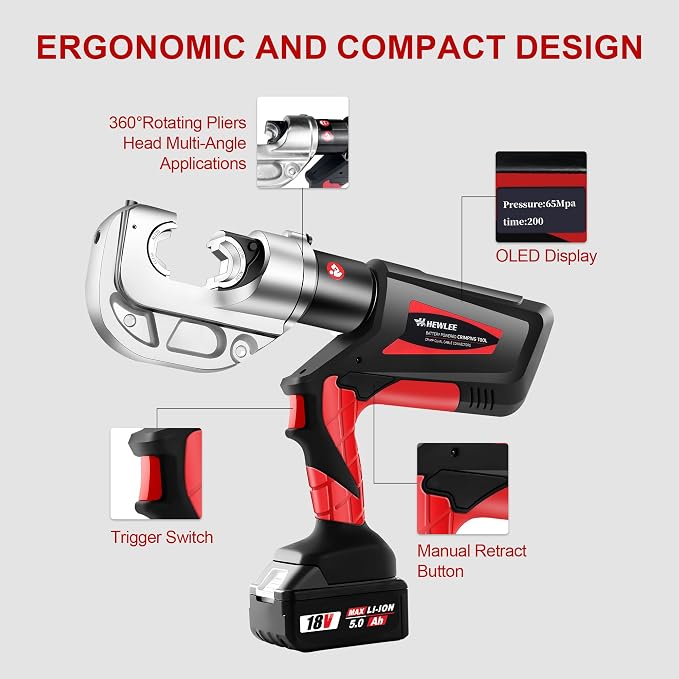 Electric Wire Cable Crimper 12TON Battery Powered Hydraulic Crimping Tool Range 6AWG to 800MCM with 12 Dies, Electricians for Circuit Repairs and Stainless Steel Deck Upgrades (HL-400B)