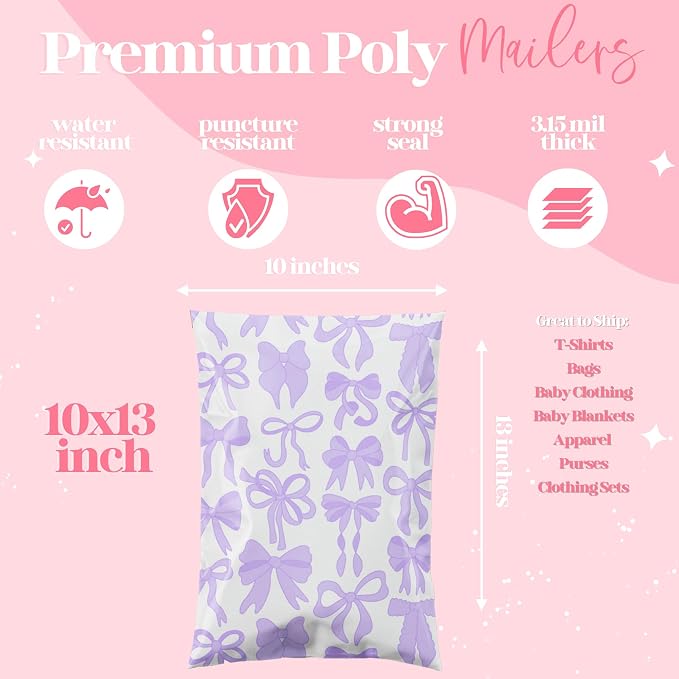 Pretty Package Store 14.5x19 Designer Poly Mailer 100 Pack Heavy Duty Waterproof Self Seal Shipping Bags for Small Business Large Mailing Envelopes Bulk Tear Resistant Packaging Purple Bows
