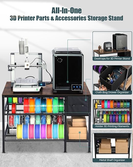 AHOWPD 3D Printer Table with Filaments Storage - 3D Printer Stand Filament Storage Rack Heavy Duty 3D Printer Desk with Drawer for Workshop Studio Office (Brown)