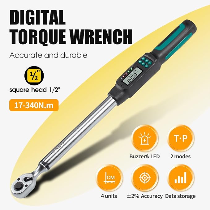 1/2” Digital Torque Wrench Set 7.5-250.8 ft-lb/10.2-340 Nm, ±2% Accuracy, LED & Buzzer Alerts, with 3 Adapters (1/4", 3/8"& Extension Bar), Industrial CR-V Steel for Car, Motorcycle, Bike Repair