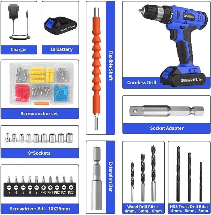FADAKWALT Cordless Drill Set, 20V Electric Power Drill with Battery And Charger, Torque 30N, 21+1 Torque Setting, 3/8-Inch Keyless Chuck, LED Work Light, Complete Drill & Driver Bits Kit（blue)