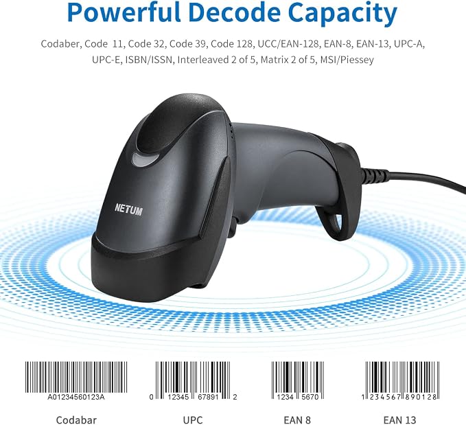 NETUM USB Laser Barcode Scanner, Handheld 1D Wired Bar Code Scanner Scanning UPC EAN Reader Gun Retails for Supermarket, Convenience Store, Warehouse - NT-M1