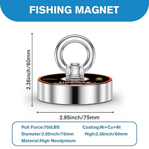 FINDMAG Magnet Fishing Kit, Strong Magnet for Fishing Case, 700 lbs Pulling Force Fishing Magnets for Retrieving Items in River, Lake, Beach, Lawn, 2.95" Diameter