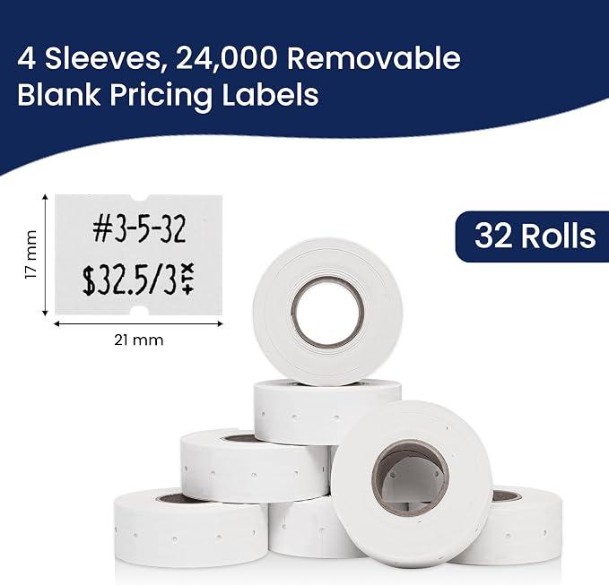 Perco 2 Line Removable Adhesive Labels - 24,000 Blank Price and Date Gun Labels for Perco 2 Line Price and Date Guns - 32 Rolls, 4 Sleeves - Made in USA